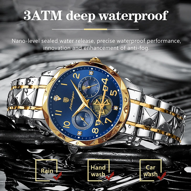 New Super Luxury Gold Watch Men Sport Brand Creative Stop-Watch Waterproof Male Clock Quartz Moon Phase Luminous Man Watch Reloj