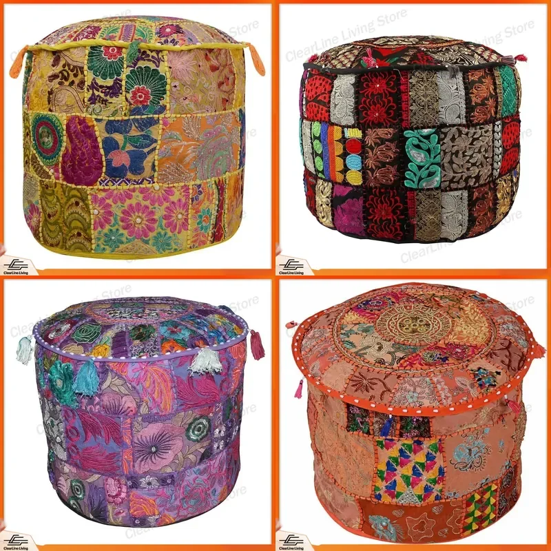 Traditional Bohemian Embroidered Footstool Vintage Patchwork Ottoman 18x13 Inches Bamboo Cloth Material Suitable for Home