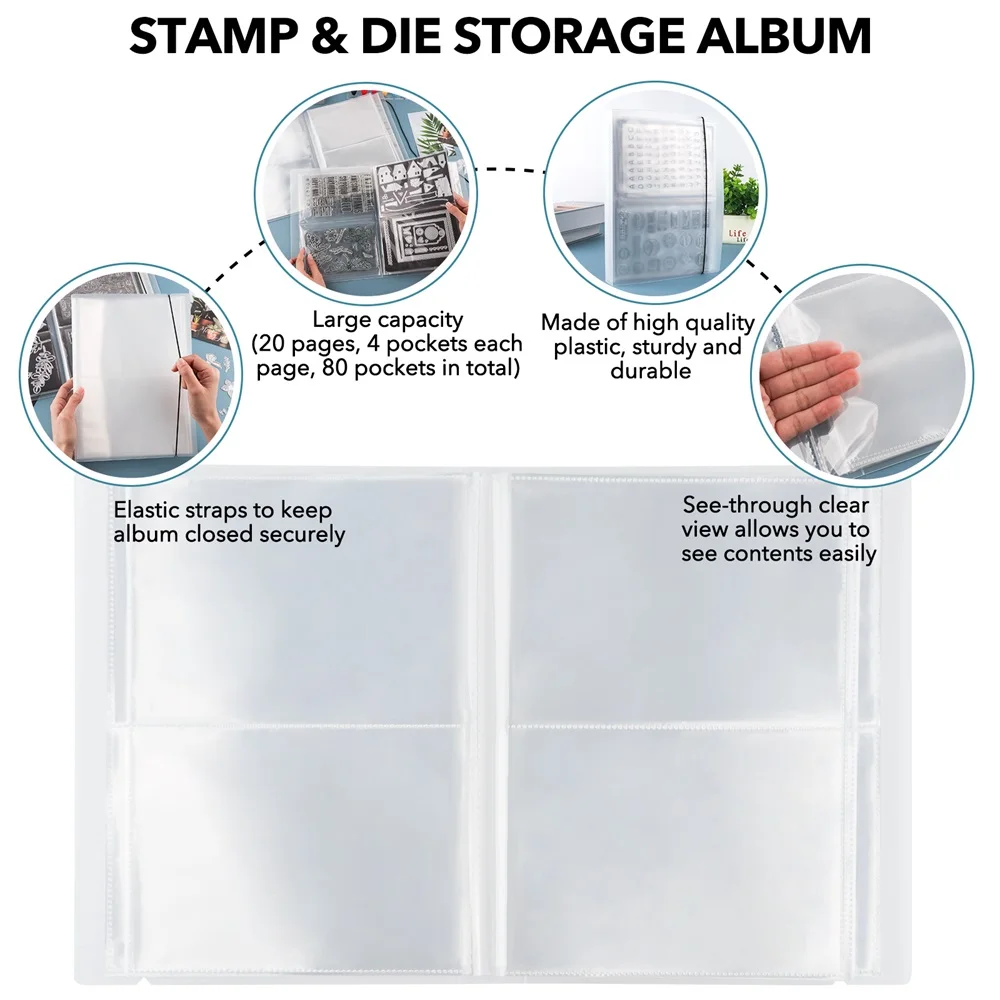 Large Storage Album with 80 Pockets/20 Pages Double-sided Design for DIY Stamp & Cutting Dies Storage Book Organizer Folder