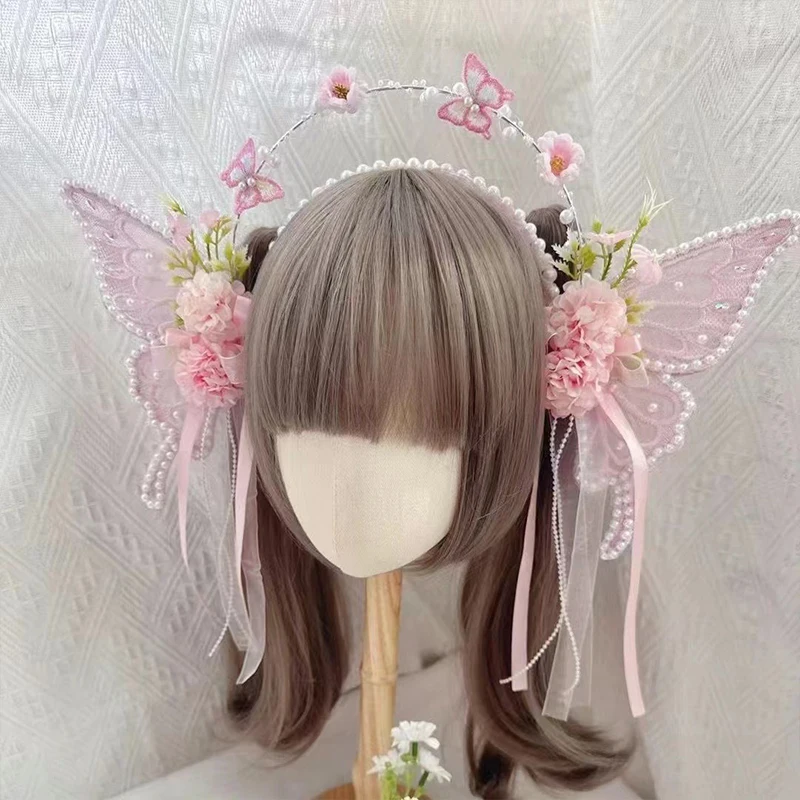 

Butterfly Wing Pearl Headband Flower Wreath Hairwear Women Girls Head Hoop Elf Fairy Cosplay Chinese Hanfu Accessories Headdress