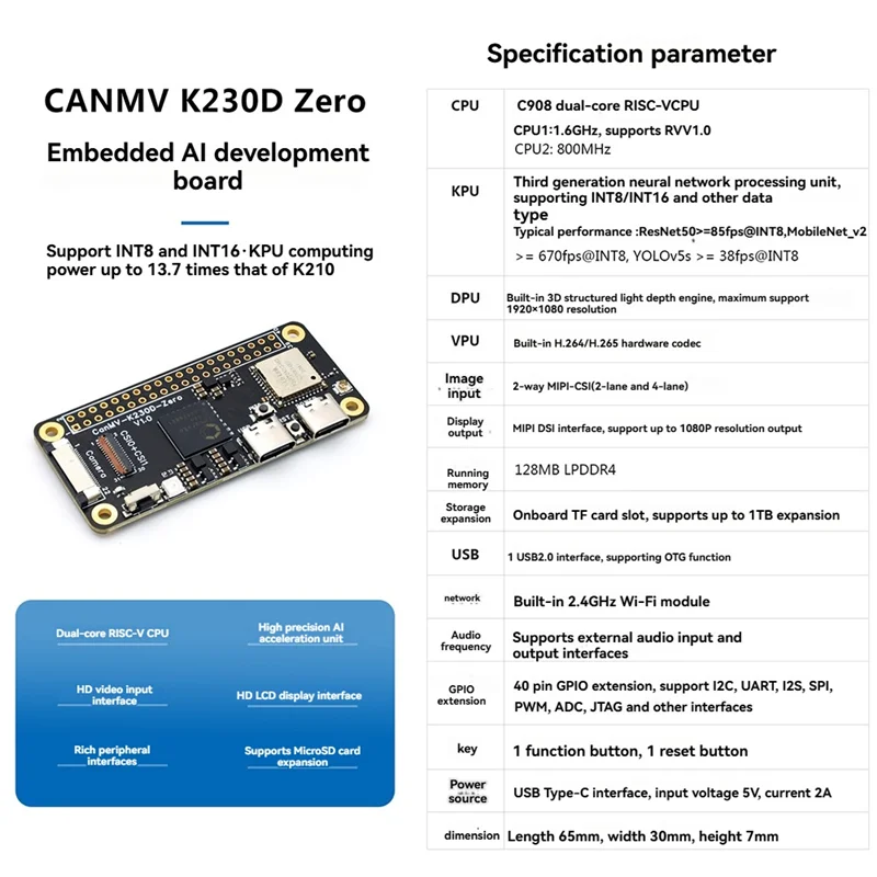 

XB-Canmv K230D ZERO Development Board Machine Board AI RISC-V Motherboard Artificial Intelligence A