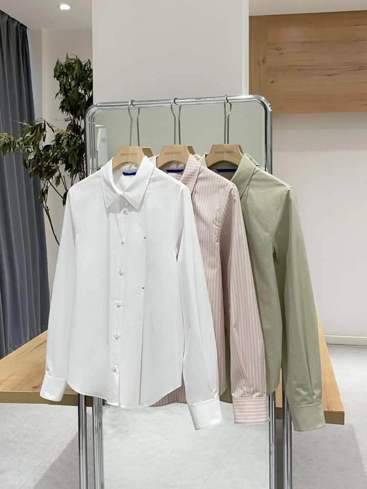

Authentic Noxiao La Spring 2025 Cotton Blend irt Versatile Casual Sle Striped Collar Long Sve Women's irt