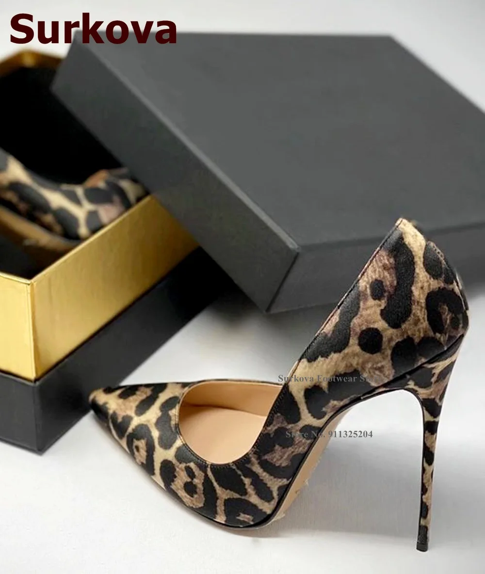 Surkova Sexy Leopard Satin Cloth High Heel Shoes 12CM 10CM 8CM Stilettos Pointed Toe Shallow Pumps Slip-on Silk Footwear Size45