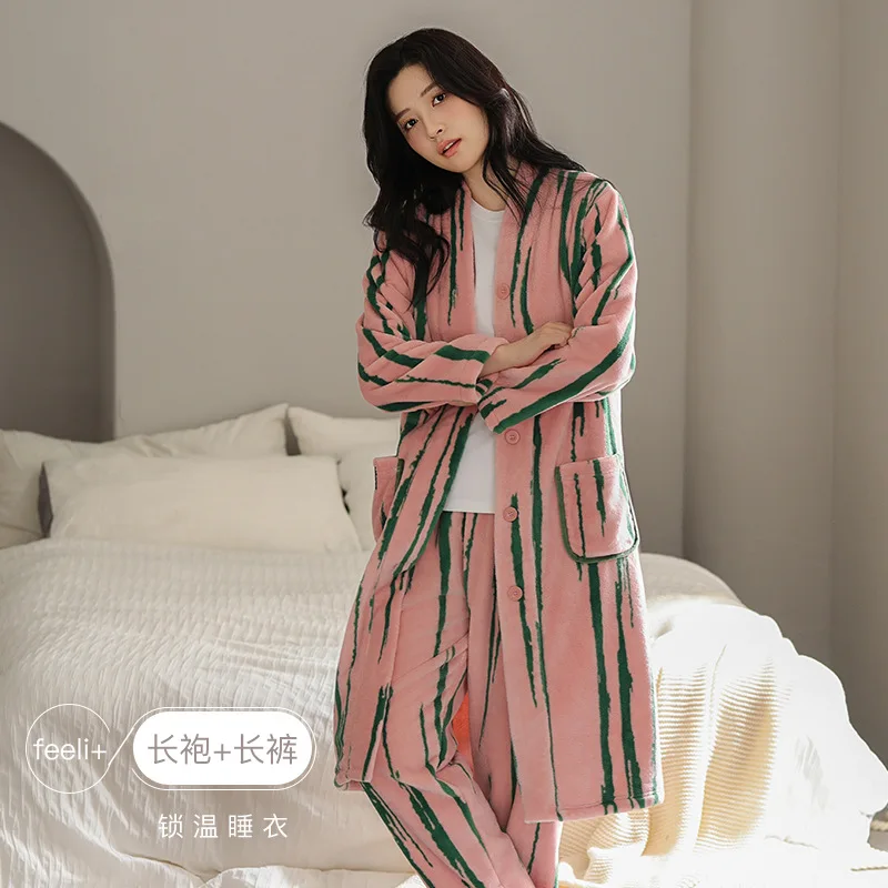 Long Sleeve Sleepwear Set for Women Home Clothes Coral Fleece Flannel V-Neck Button Front Comfortable Bathrobe and Pants