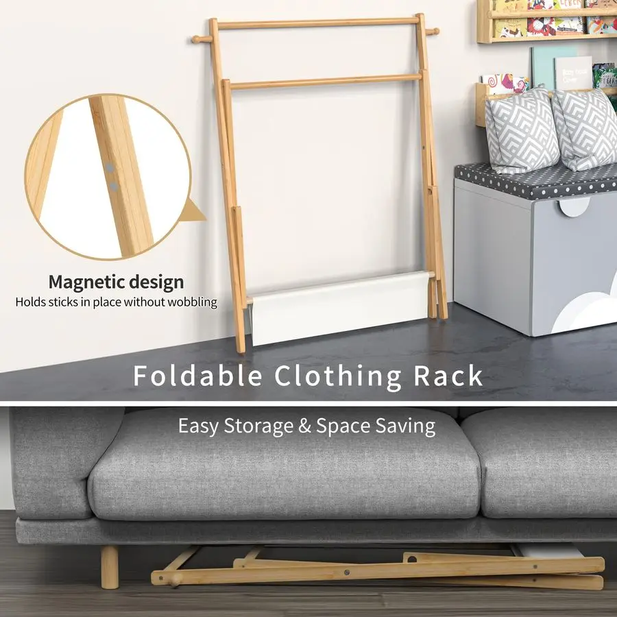 Kids Clothing Rack, Small Clothes Rack for Toddler Pets, Kids Dress Up Rack with Storage Shelf Double Rods, Foldable Kids Cloth