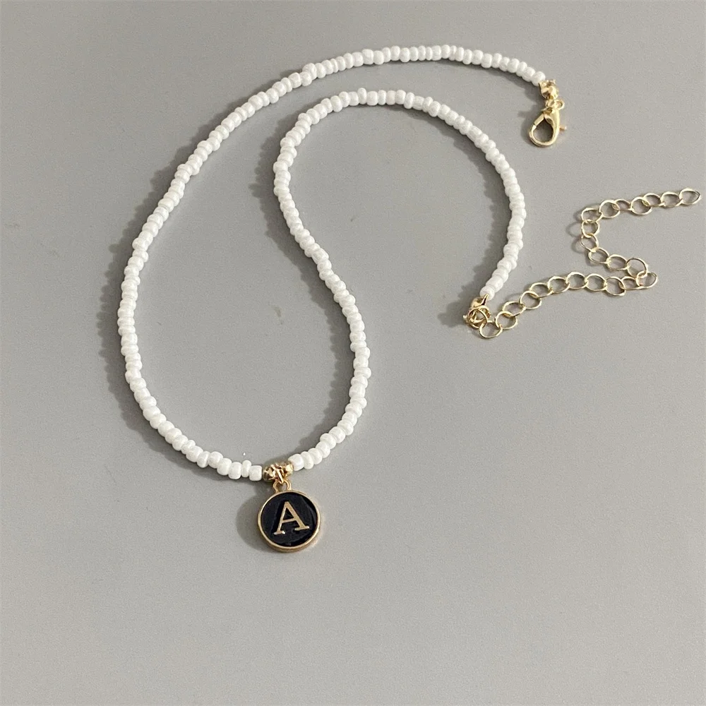 letters initial pendant necklace diy name White Color Seed Bead Necklaces for Women Round Black Letter Woman\'s Choker jewelry