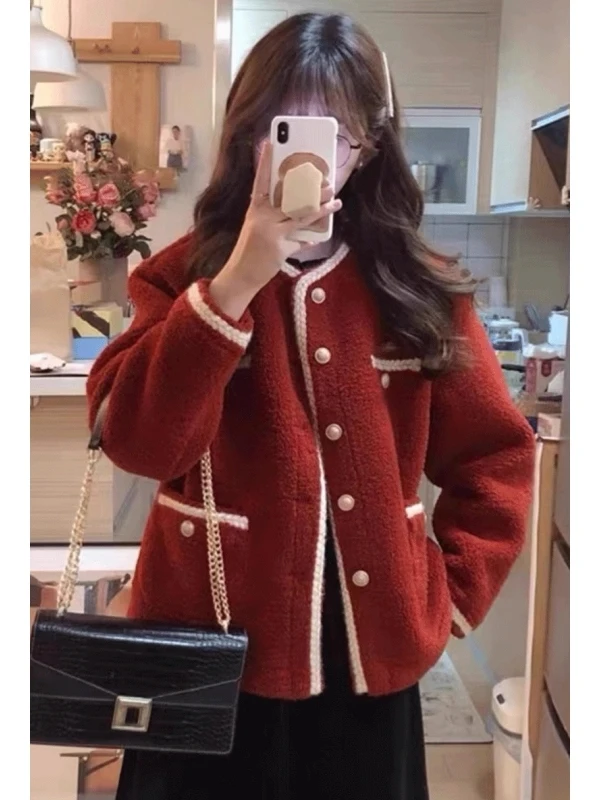Red Short Jacket Women's Autumn Winter Fashion Luxury Sensation New Year Countdown Celebration Coat Standard Fit Long Sleeve ...