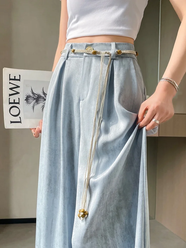 Blue Ice Silk Tie Dye Wide Leg Pants Women Summer Thin High Waist Loose Drape Casual Straight Floor Length Trousers
