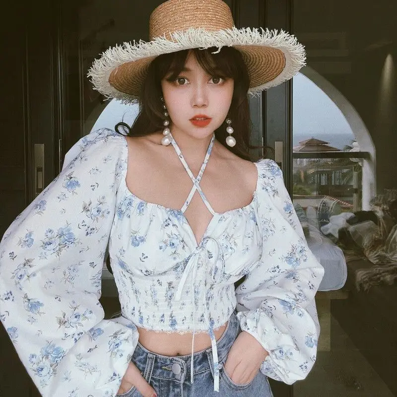 

Chic Square Neck Lantern Sleeve Short Floral Printed Shirt Flowy French Retro Oversize Casual Summer Blouse Beach Vacation Shirt