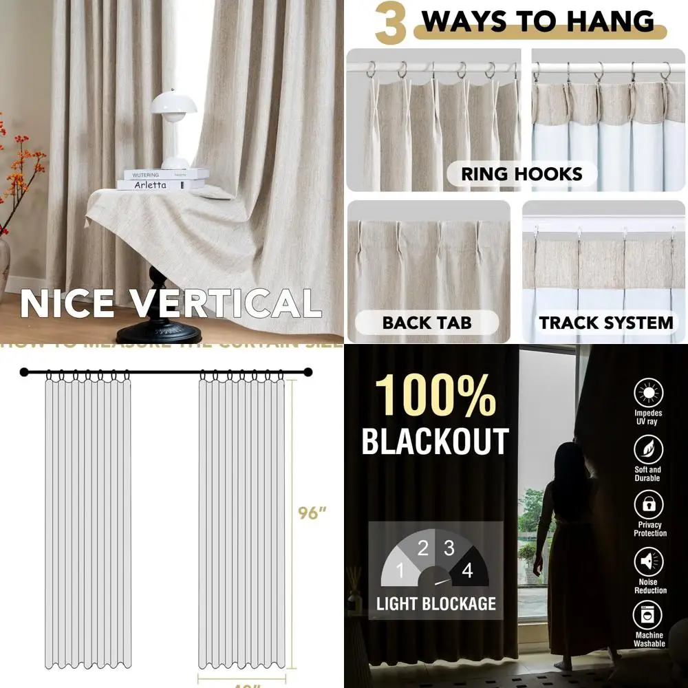 Linen Blended Blackout Curtains, 96 Long, 2-Panel Set, Neutral Heather Natural, Thermal Insulated for Bedroom