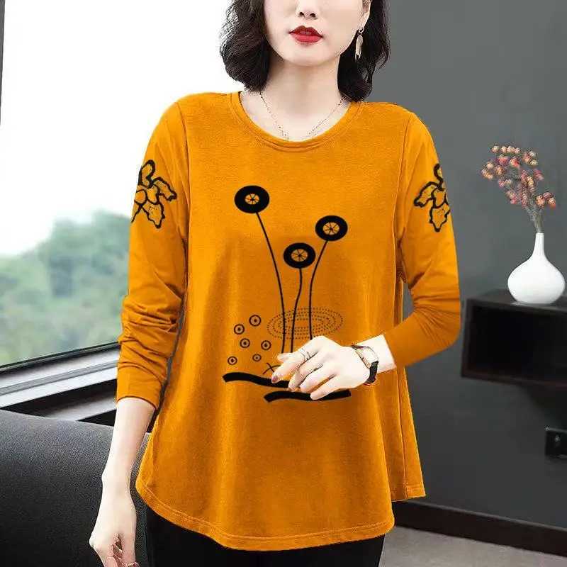 Female Clothing Floral Printed Pullovers Casual Fashion Round Neck Spring Autumn New Commute Long Sleeve All-match Loose T-shirt