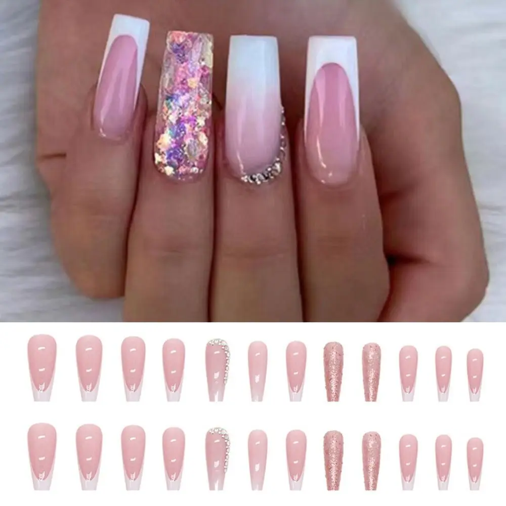 24 Stuks Manicure Nagel Tips Roze Pailletten Glitter Volledige Cover Lange Franse Nep Nagels Ballerina