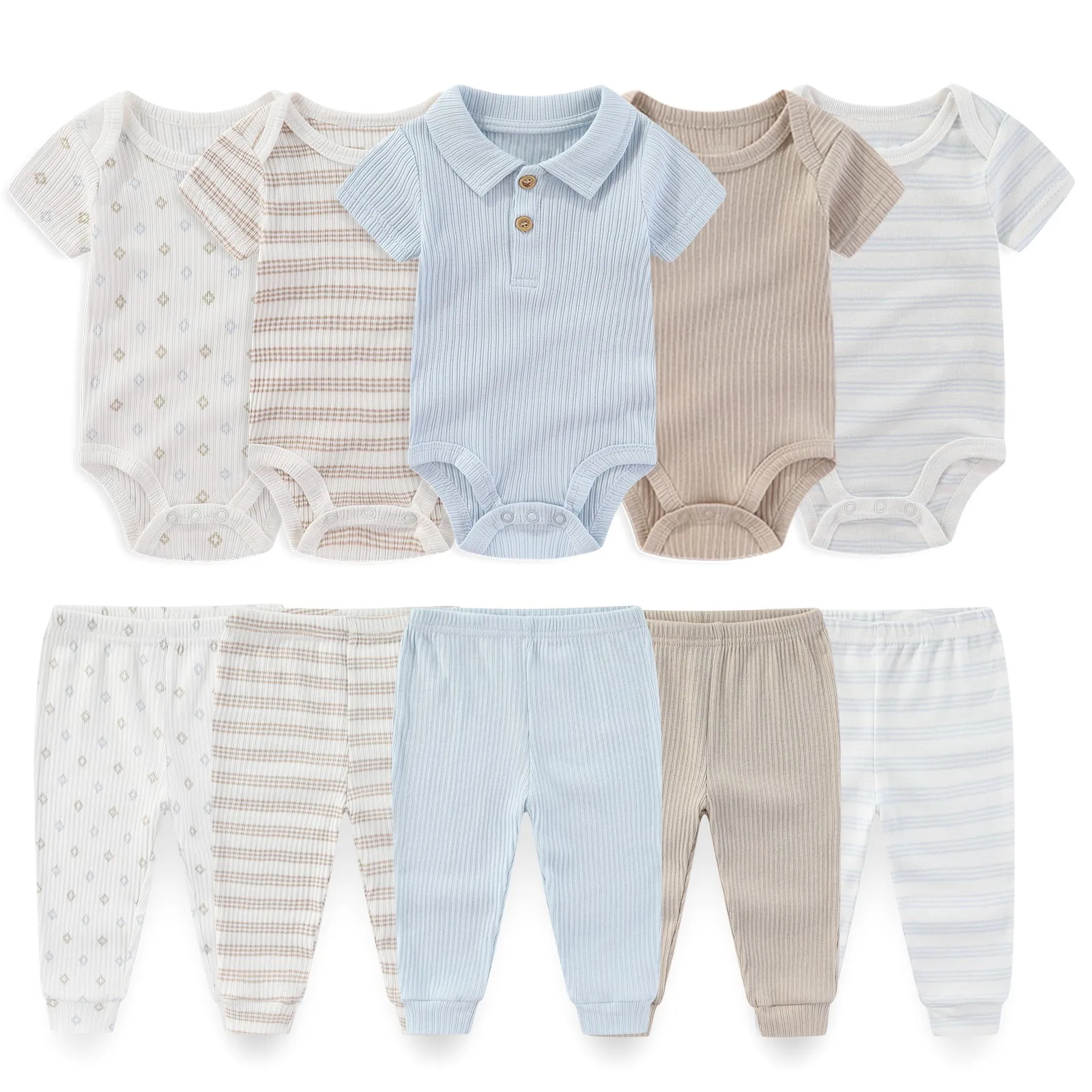 Kiddiezoom 10 Pcs/Lot Four Seasons Fashion Unisex Baby Boy Girl Clothing Set Soft Newborn Bodysuits+Pants Infant Outfit Gift