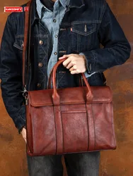 Retro Vegetable Tanning Leather Handbag Men's Messenger Bag Briefcase Genuine Leather Shoulder Messenger Bag Casual Men's Bag