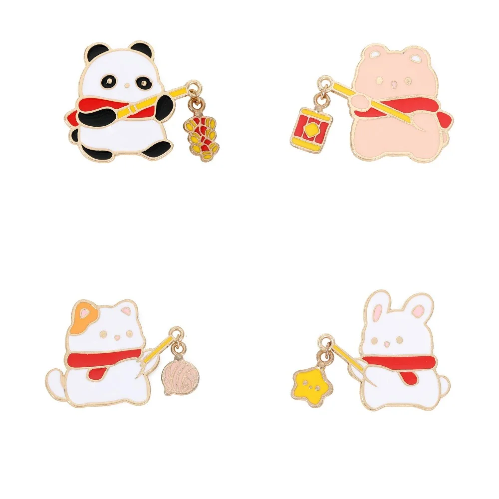 4Pcs/Set Cute Cartoon Animal Hold Firecrackers Star Lantern Pins Cat Panda Bear Rabbit Enamel Brooches For Wallet Cloth Jewelry