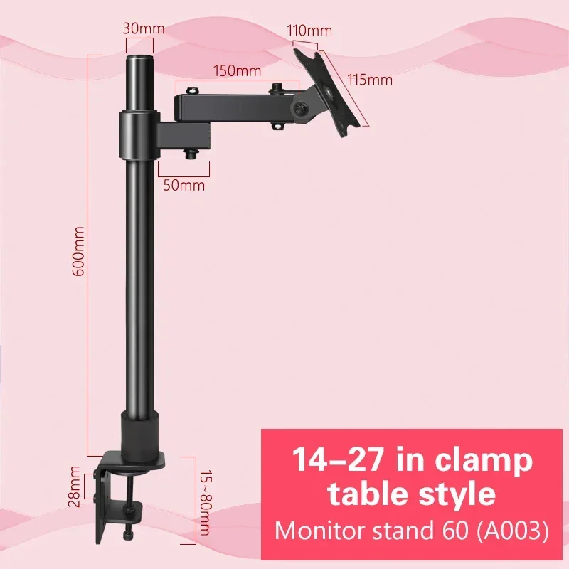 14-27 Inches Desktop Computer Monitor Hanging Arm Holder PC Display Screen Stand Bracket 600mm Height 360 Degree Rotation