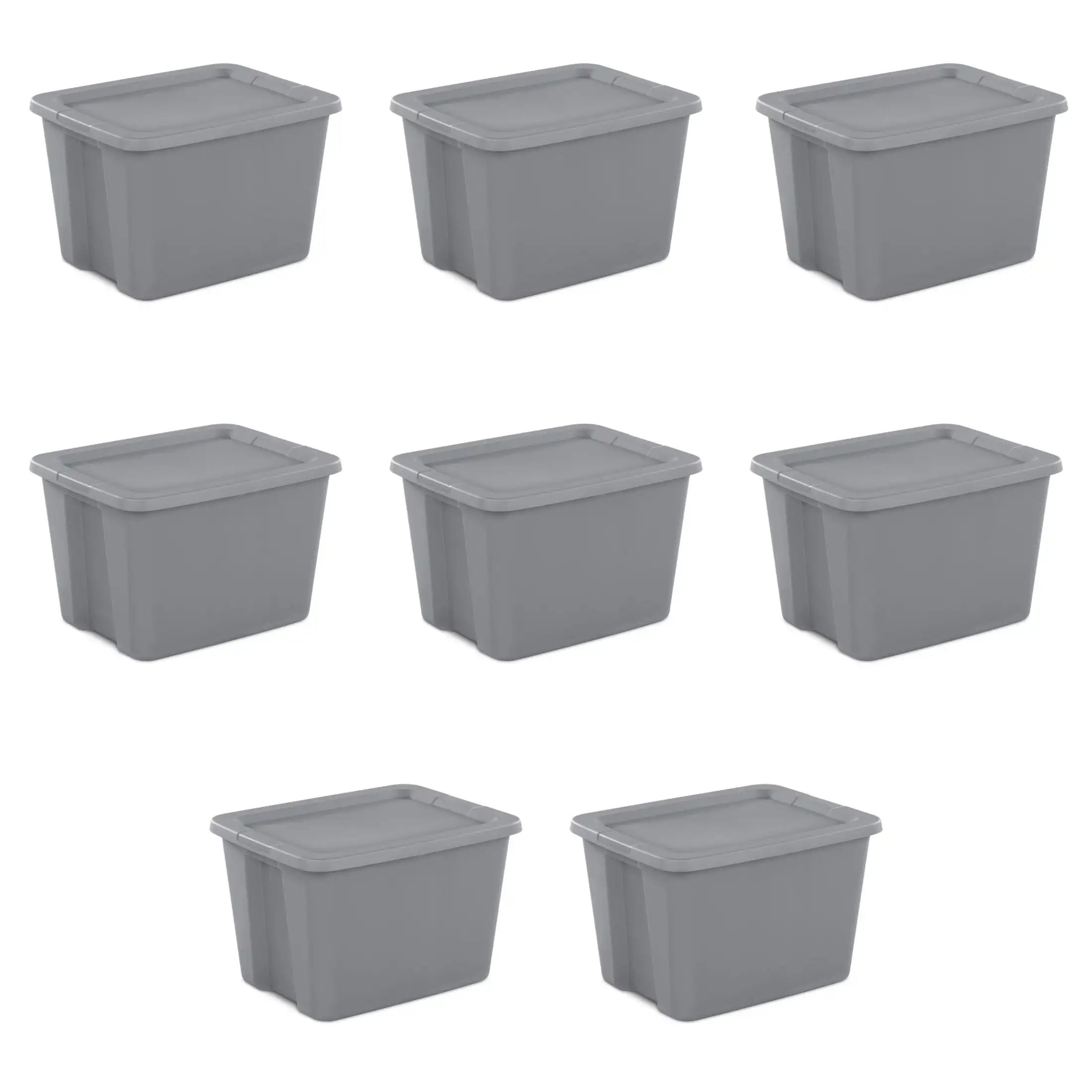 18 Gallon Tote, Plastic Storage Bin with Snap-on Lid, Gray, 8 Count