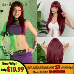 Cosplay Starfire Wigs Ruby Red Long Straight Wigs for Women Synthetic Wigs with Bangs Heat Resistant Fiber Wigs Hair