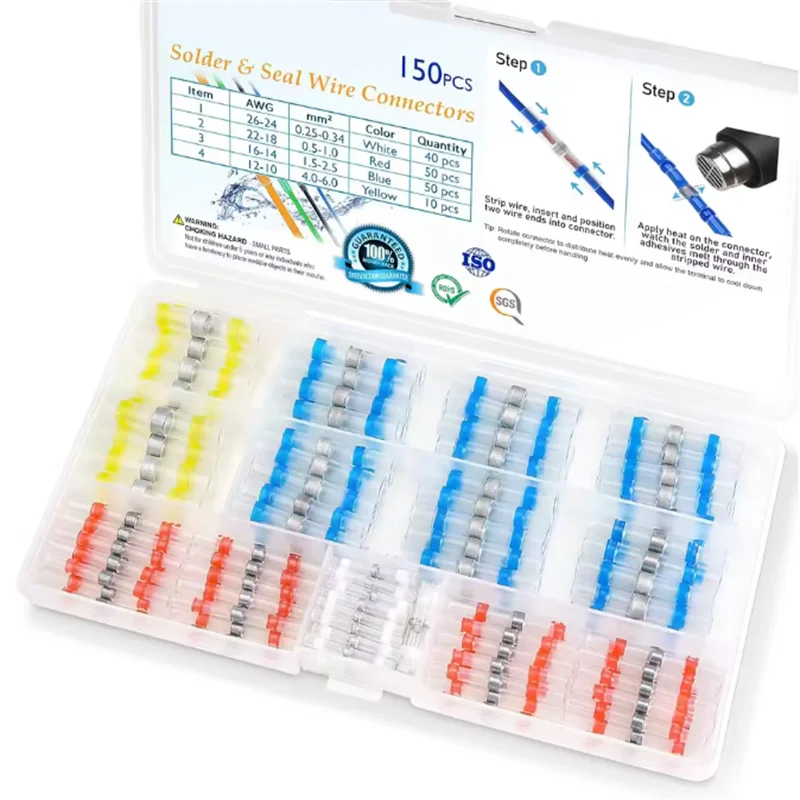 100/120/150PCS Solder Seal Wire Connectors Heat Shrink Butt Connectors, Waterproof Insulated Electrical Wire Terminals