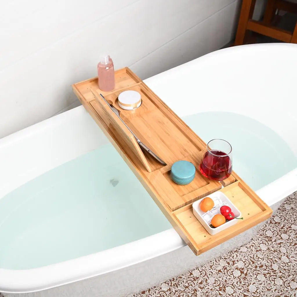 Expandable Bathtub Caddy Tray 29.53-37.4inch Tablet Holder Glass Tray Bath Tub Tray