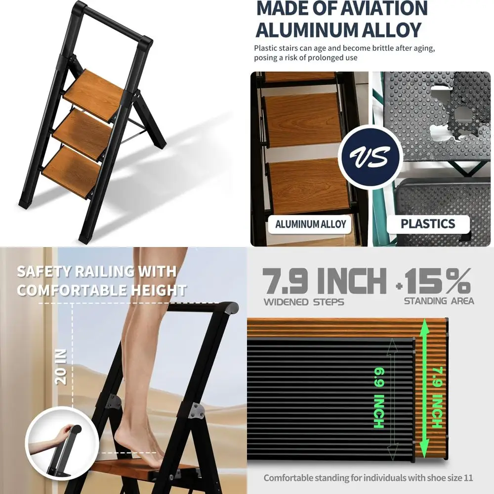 مقعد ألومنيوم قابل للطي مع دواسات واسعة ومقبض يدوي، سلم فولاذي بسعة 330 رطل للاستخدام المنزلي والمكتبي #1