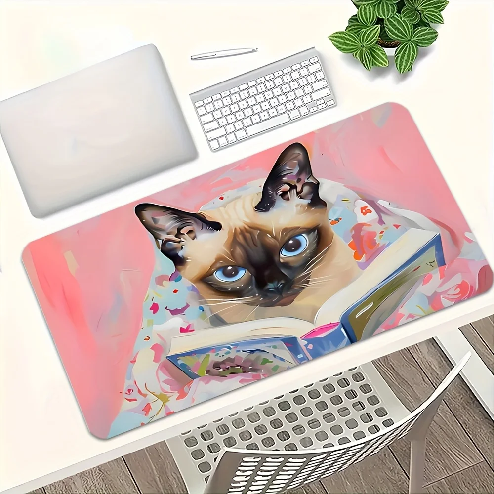 

Cute Siamese Cat Reading Large Mouse Pad, XL Gaming Desk Mat, Non-Slip Rubber Base, Aesthetic Office Desk Pad