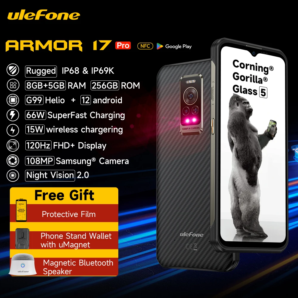 Ulefone Armor 17 Pro Rugged Smartphone Night Vision 13GB 256GB Helio G99 4G Mobile Phones 120Hz 108MP Android 12 NFC Global