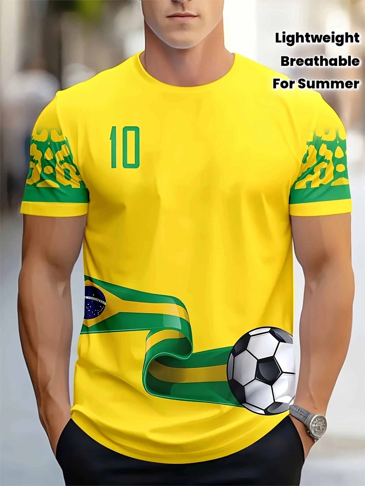Herren-Fußballtrikot mit Fußball-Print, kurzärmeliges T-Shirt, atmungsaktives, schnelltrocknendes, dünnes, vielseitiges Sport-Oberteil für den Sommer