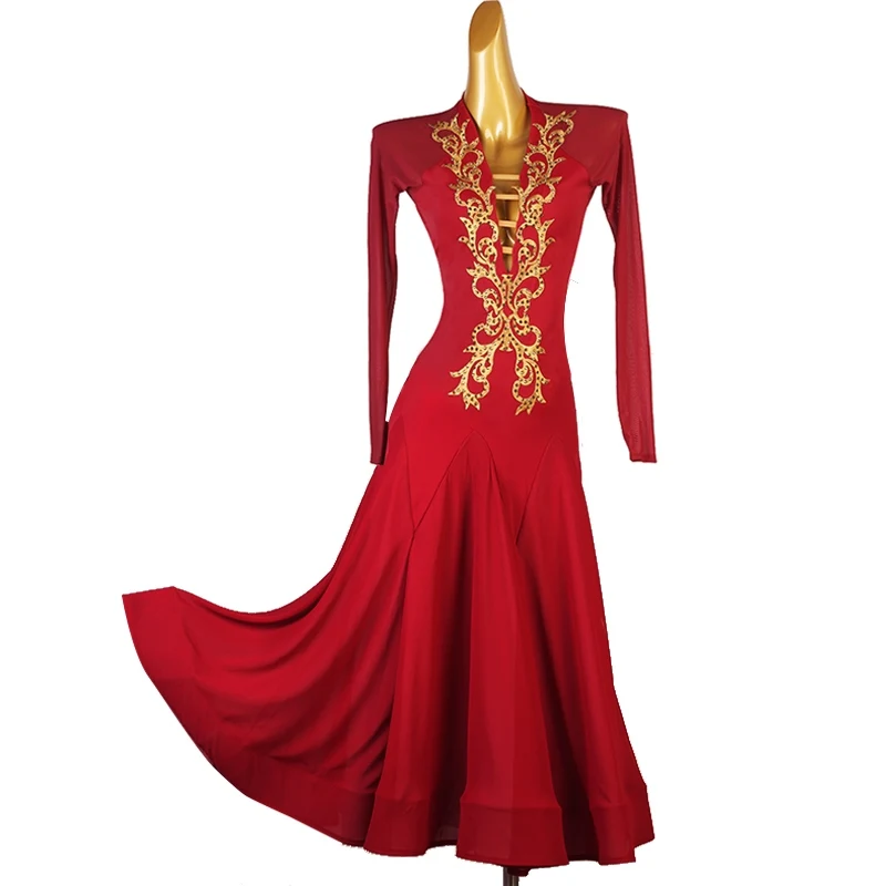 New Ballroom Dance Competition Dress For Women National Standard Dance Red Mesh Long Sleeve Dress Modern Dance Clothing DQL10232