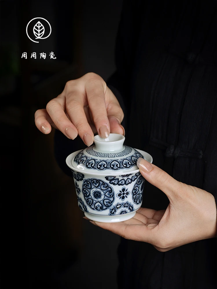 

Handmade Jingdezhen Blue and White Flower Group Baby Phase Two Tureen Non-Scald Tea Brewing Bowl Household Porcelain Kung Fu Set
