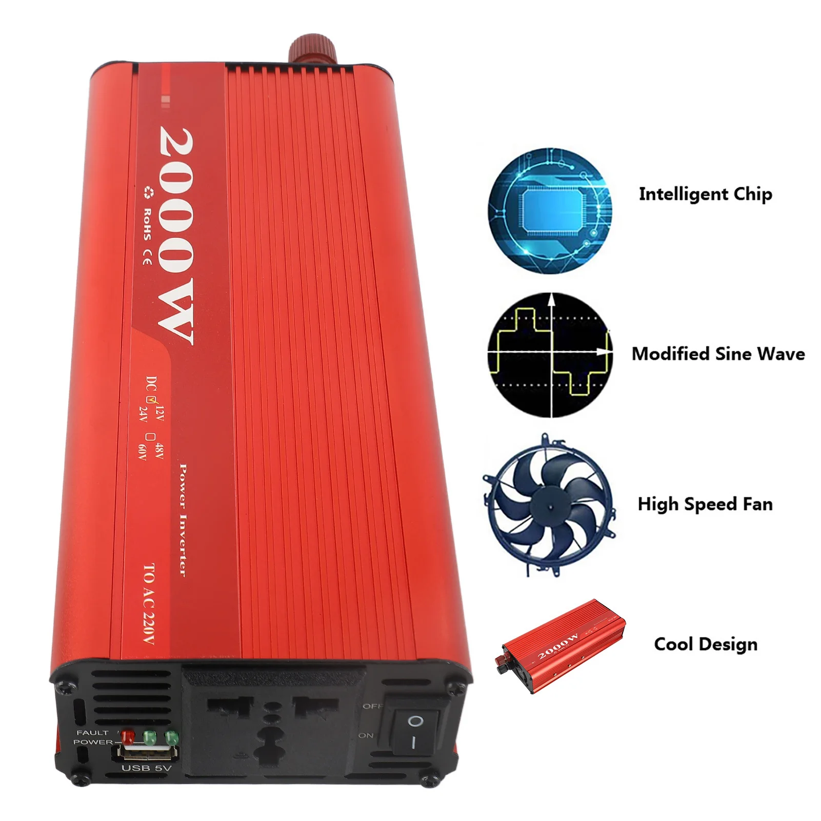 2000 W Auto-Wechselrichter, modifizierte Sinuswelle, USB-Ladekonverter-Adapter für DC 12 V/24 V auf AC 220 V