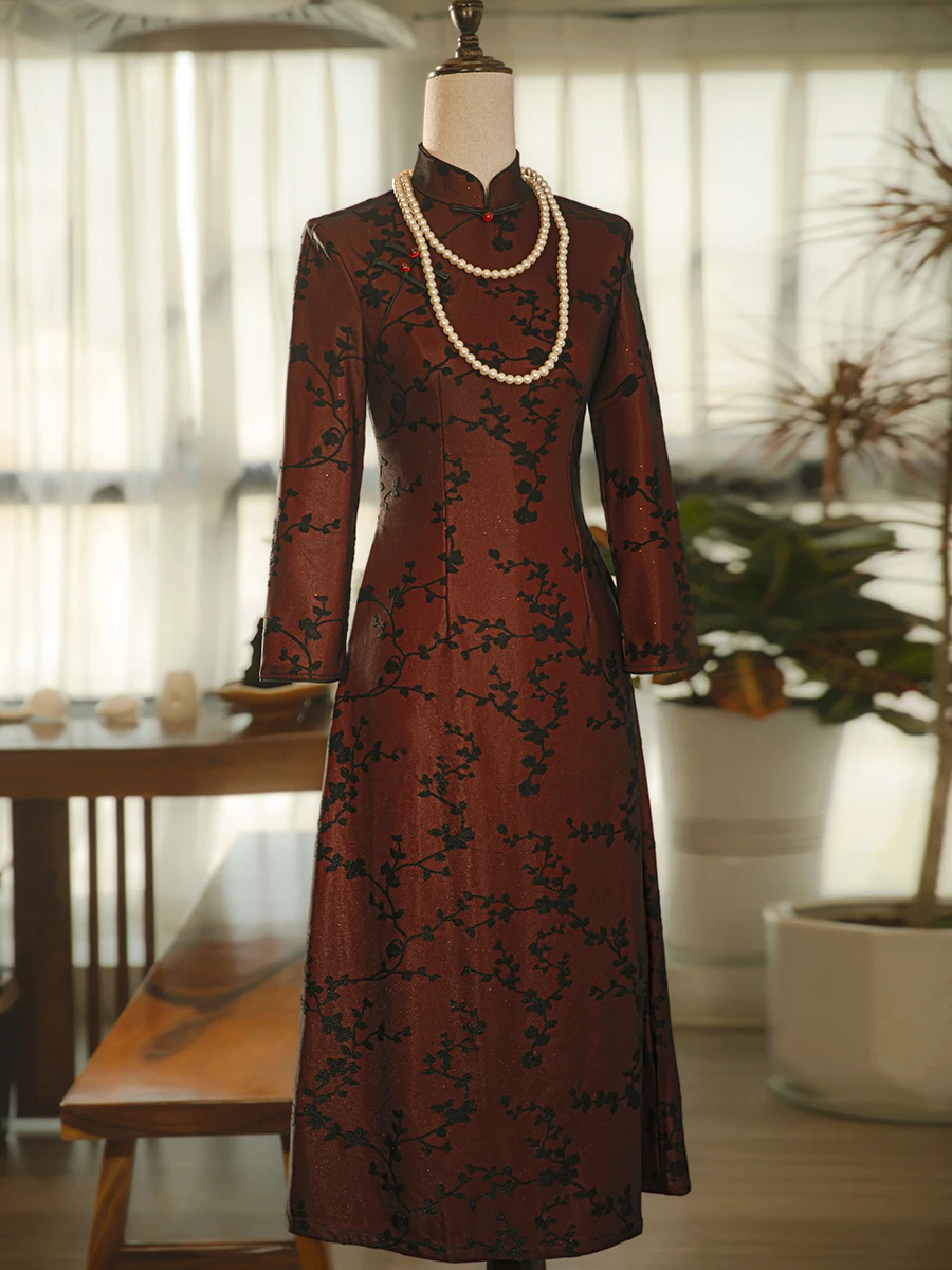 

Красное свадебное платье Bury для мам среднего возраста, с юбкой А-силуэта, для повседневной носки, с длинными рукавами, из полиэфирного волокна, винтажное