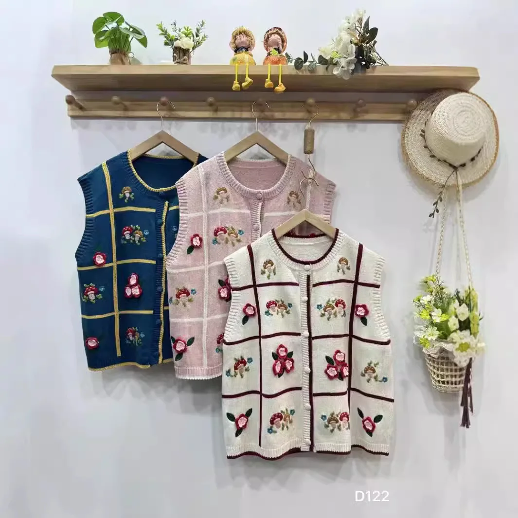 Mori Kei Hand-made Flowers Mushroom Embroidery Sweater Vest Women Autumn O-Neck Sleeveless Single Breasted Knitted Vest Cardigan