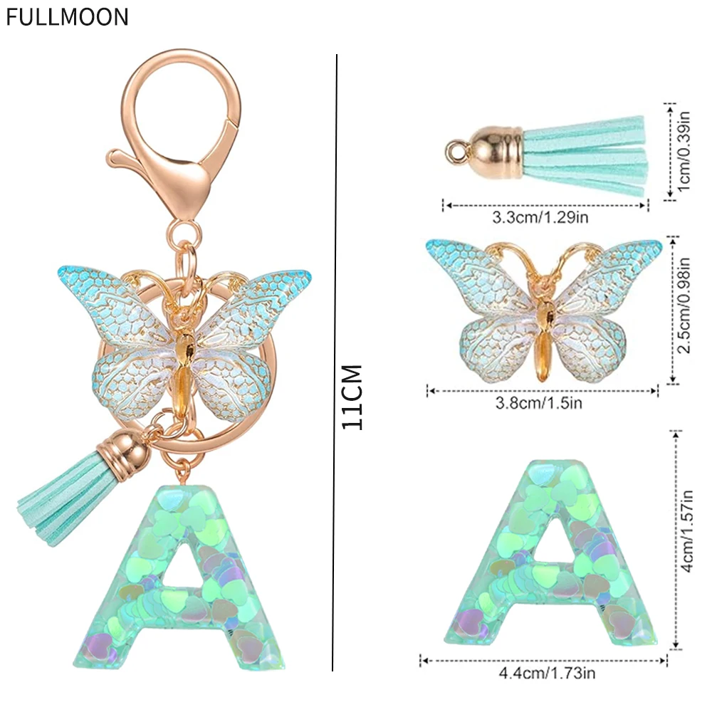 Fashion Green A-Z Initials Keychain Resin Letter Keyring with Butterfly Tassel Pendant for Women Bag Charm Car Key Accessories