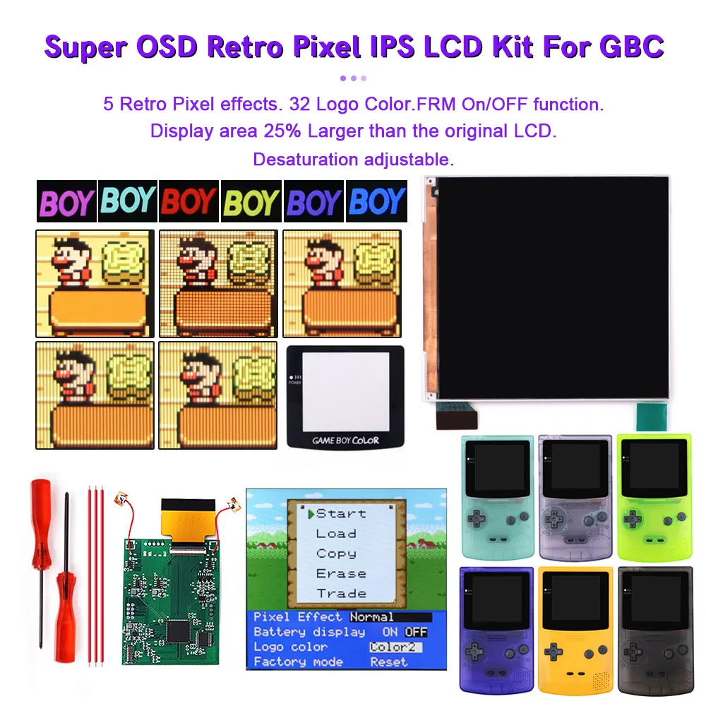 HISPEEDIDO GBC IPS Q5 Screen OSD RETRO PIXEL Menu Display LCD Backlight Brightness Kits LOGO Color Changeable With Pre-cut Shell