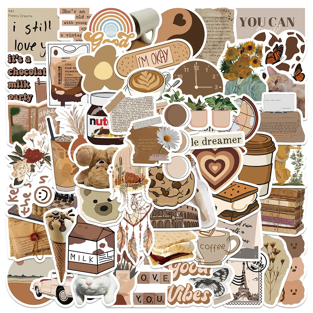 

60pcs Brown Aesthetic Stickers Cartoon Graffiti Decals For Phone Laptop Skateboard Suitcase Guitar Waterproof Stickers