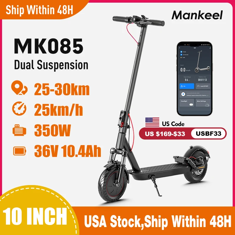 

Mankeel MK085 Pro Folding Electric Scooter 350W 19Miles Range Dual Shock Absorber 36V 10.4Ah 10" Tires Escooter Max Speed 19MPH