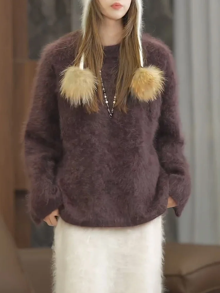 

Fall 2025 Women's Large Size Brown Knitted Sweater round Neline Korean Sle Comfortable Fit Camere Warm Long Sve Top