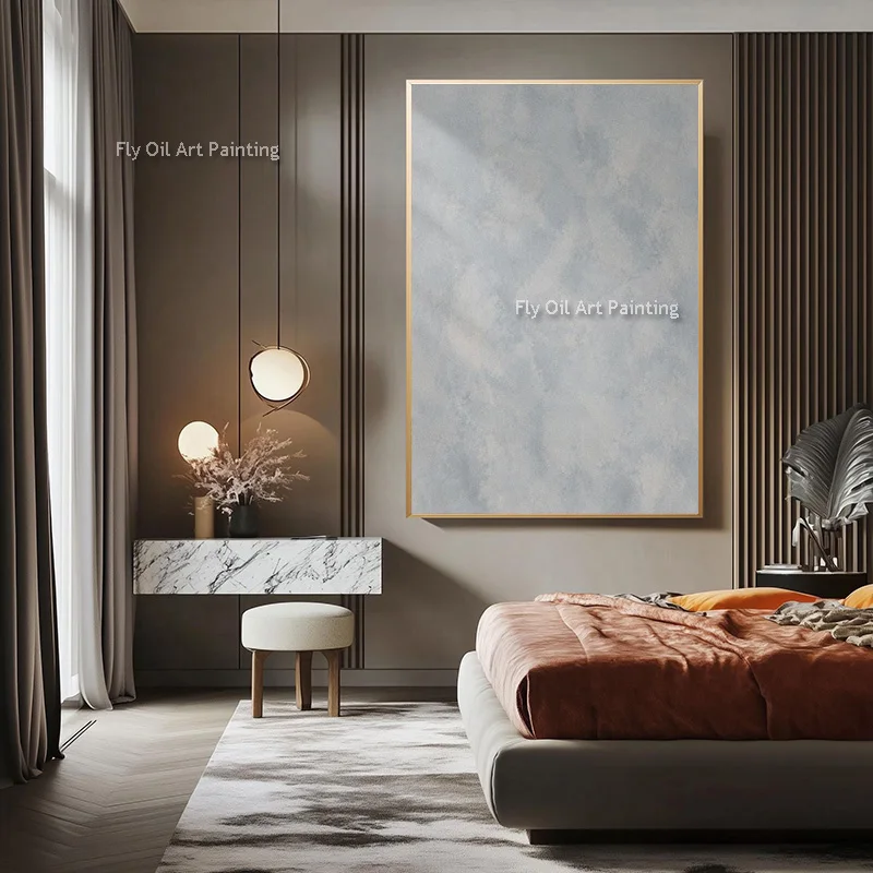 Vertical Hand-Painted Textured Abstract Oil Art, Pale Grey Calm Contemporary Living Room Wall Decor