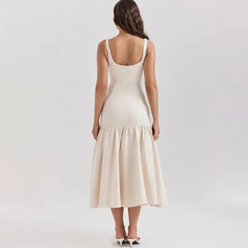 Elegante vestido midi de babados para mulheres, moda sem alças, fino, cintura alta, plissado, vestes fistail, festa, verão