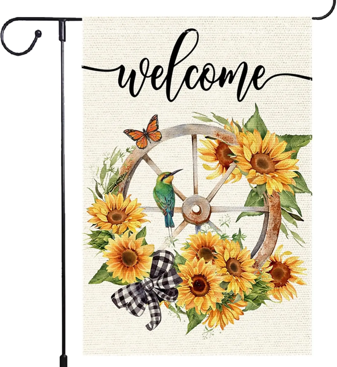 Welcome Brilliant spring Decor garden flag Hummingbird Flowers Butterfly Buffalo Plaid Bowknot Wooden wheel 12x18 inch Doubl SSL