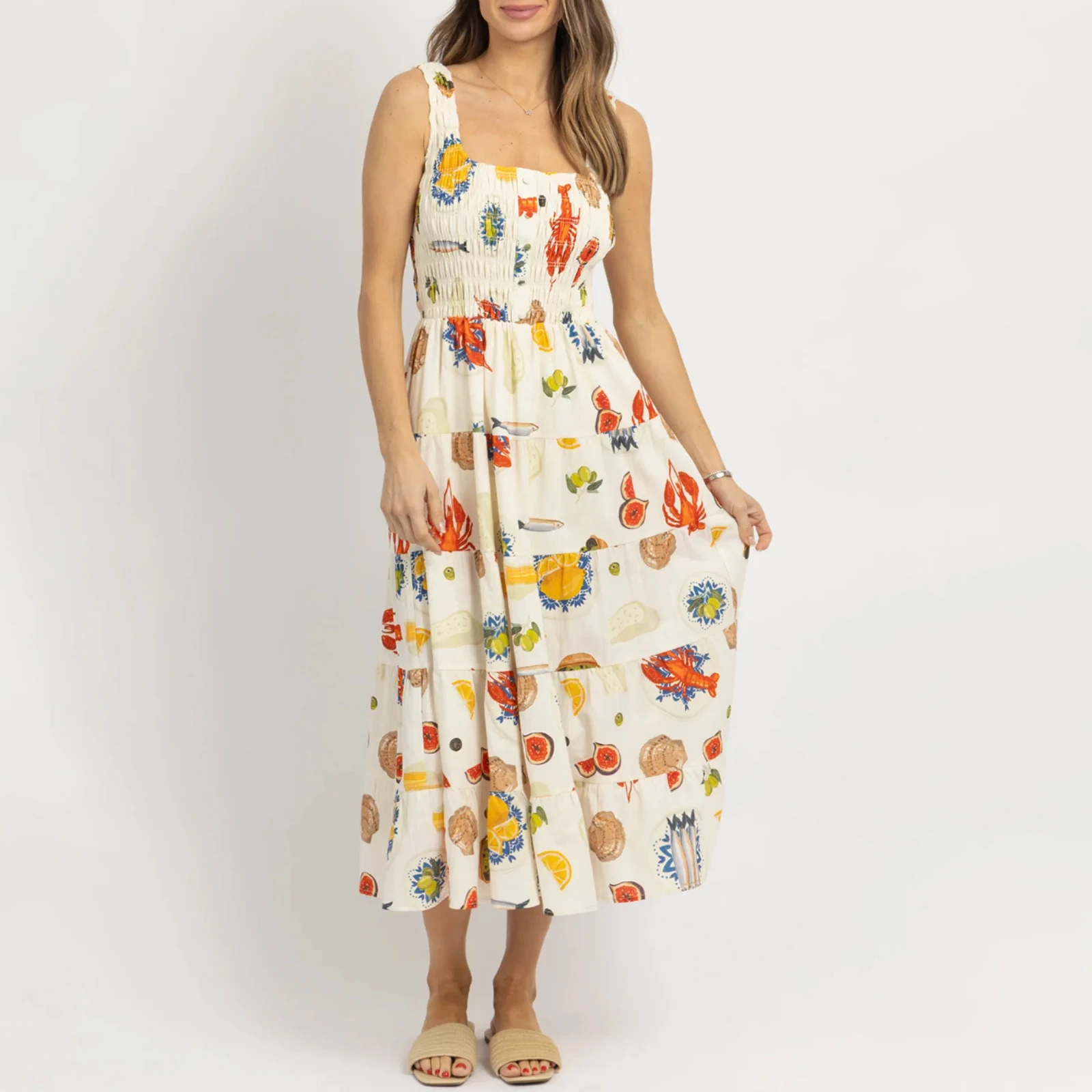 Fruit Printed Backless Women Sleeveless A-Line Dress Casual Summer Ocean Animals Print Party Dress for Beach Club Streetwear