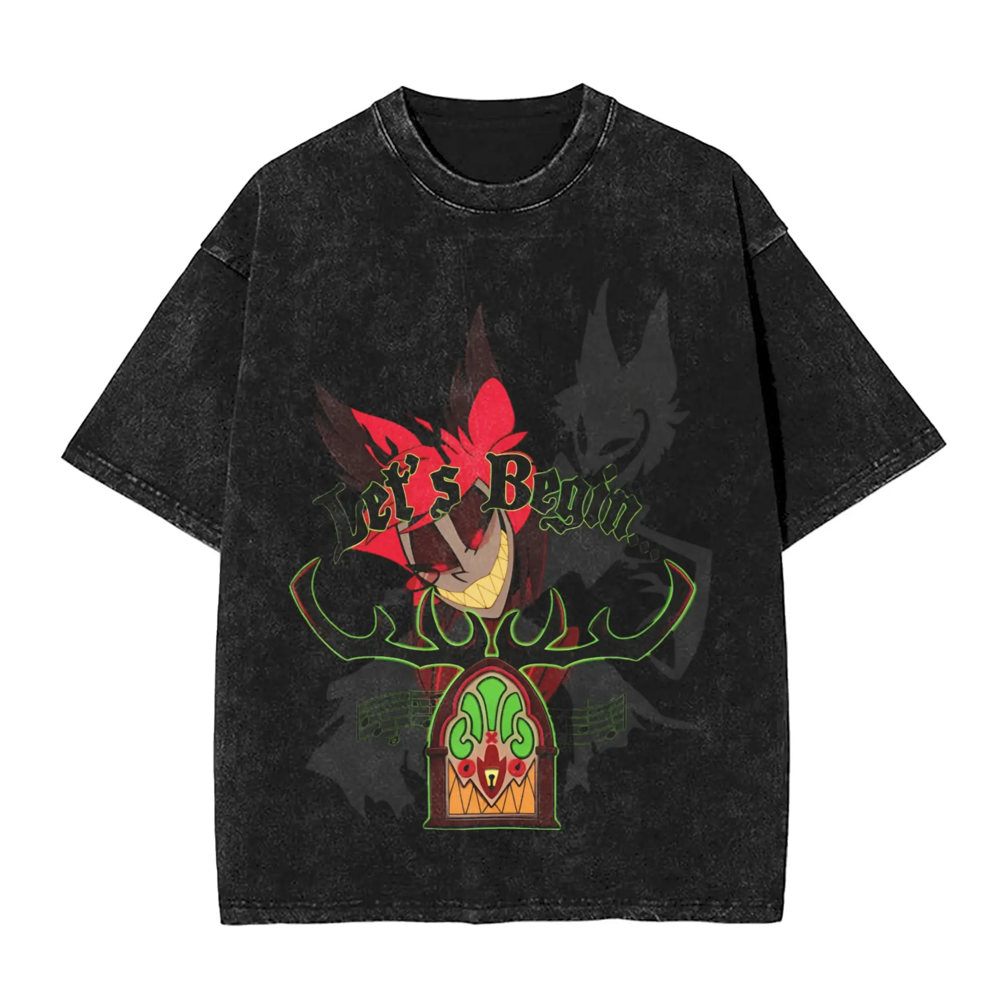 Funny Hazbins Hotel T-Shirts Men Crewneck Pure Cotton Washed T Shirts Alastor the Radio Demon Short Sleeve T Shirt Printed Tops