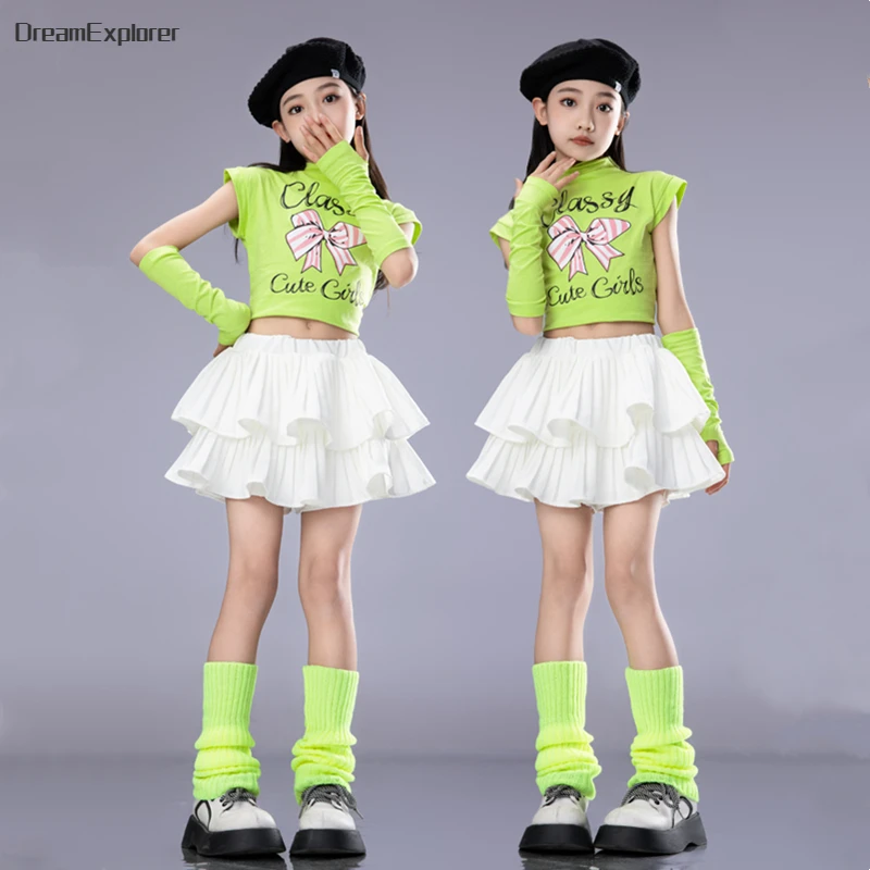 Hip Hop Girls Candy Color Crop Top Street Dance Tiered Skirts Kids Sweet Streetwear Child Jazz Cheerleader Costumes Clothes Sets