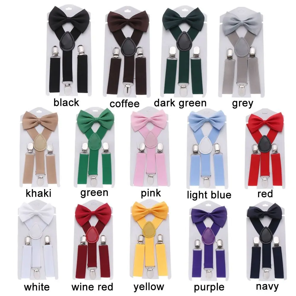 Fashion Solid Color For Children Strap Strap Clip Performance Hanging Pants Clip Tie Suspenders Set Suspenders Clips Bow Tie