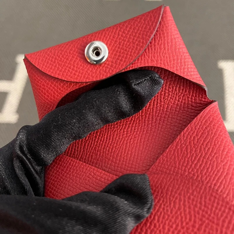 Genuine Leather Red Square Coin Purse Button Document Bag Coin Wallet Practical Button Design Leather Goods for Students