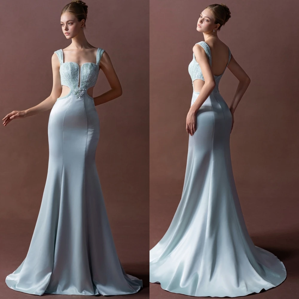 Vestido de noche elegante personalizado con cuello cuadrado de satén, vestidos de fiesta de sirena sexys, vestidos para ocasiones especiales con cuentas de alta calidad
