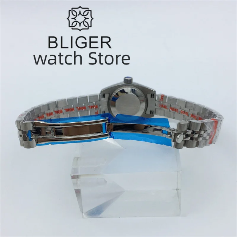 Bliger 26mm Japan nh05 Automatik uhr für Damen graues Zifferblatt Roségold Diamant Index Datum Saphirglas Silber Jubiläums armband
