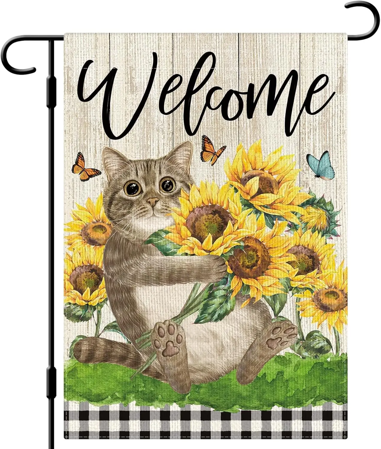 DLZDN Sunflower Cat Garden Flag Summer Garden Flag 12×18 Inch Double Sided Buffalo Plaid Farmhouse Welcome Yard Flag S