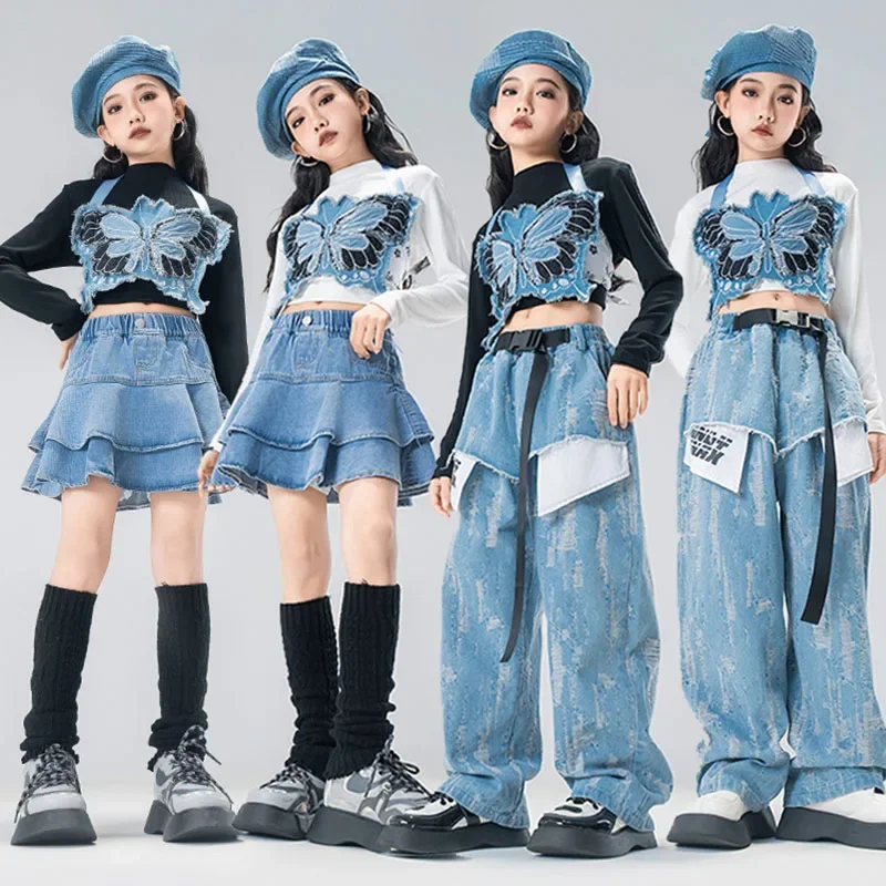 Denim Blue Butterfly Crop Tank Casual Patch Ripped Jeans Pants Skirt for Girl Jazz Dance Costumes Clothes Kid Hip Hop Clothing